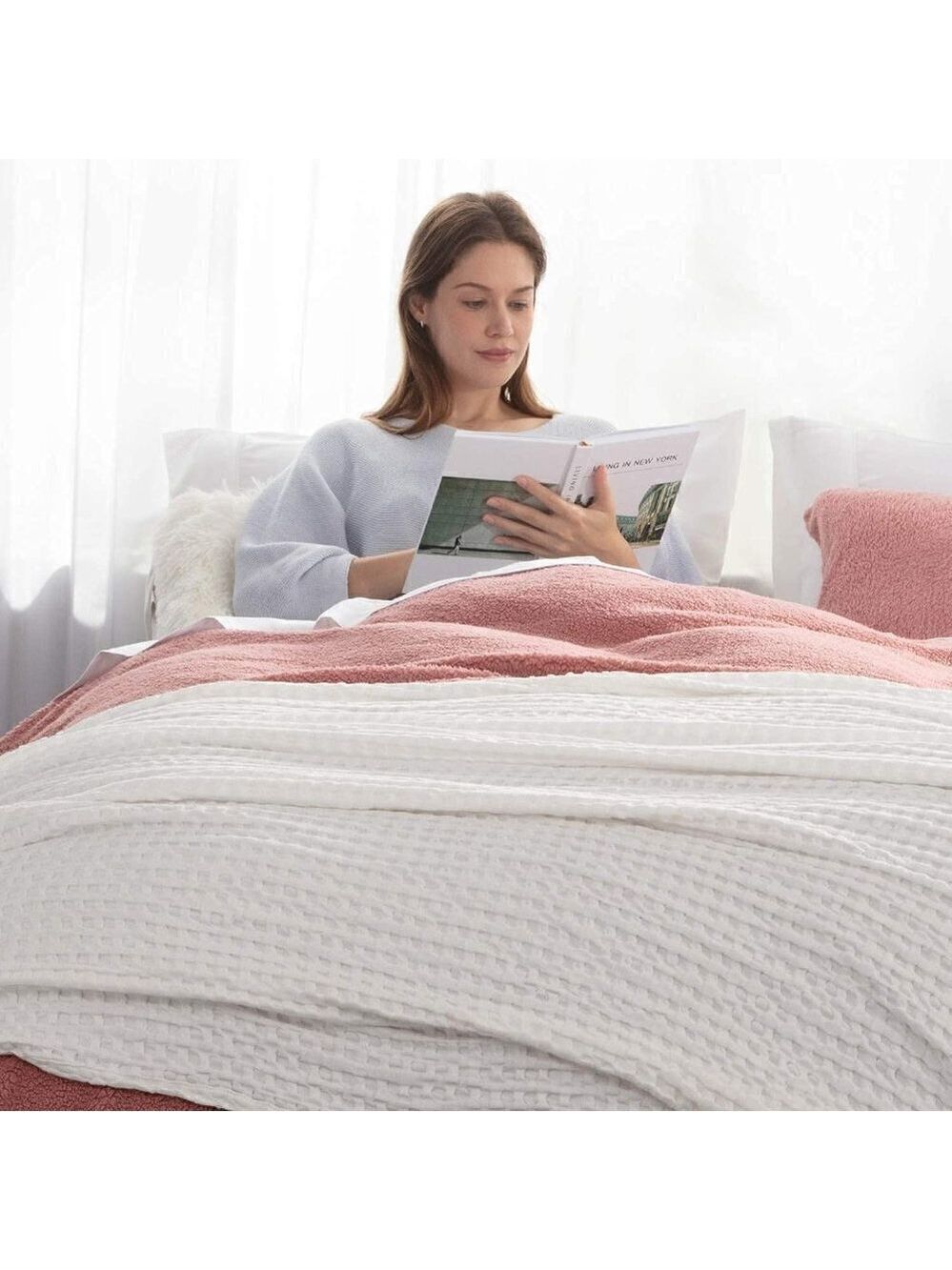 COTTON Waffle Weave Bamboo Blanket King Size Cream Soft Lightweight Bed Blanket - Picture 4 of 8